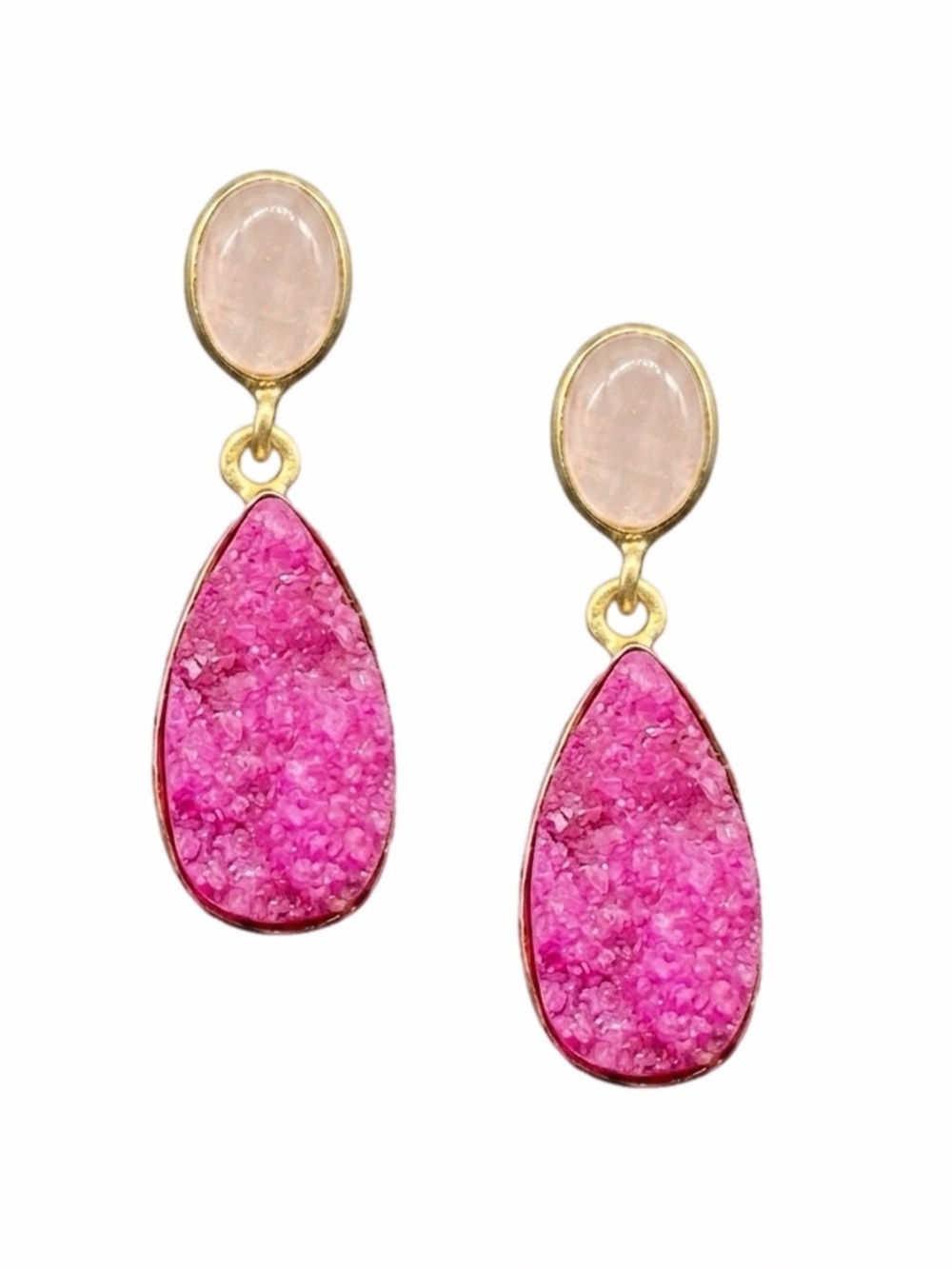 New Vibrant Hot Pink Druzy & Pink Chalcedony Teardrop Earrings